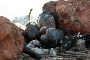 Eggplants roasted on charcoal embers between stones left from a camp fire in the nature