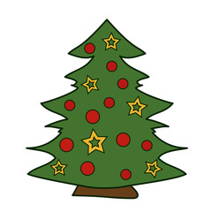 Green Christmas tree as a symbol of a Happy New Year. Decorated with gold stars and red balls. Merry Christmas holiday.
