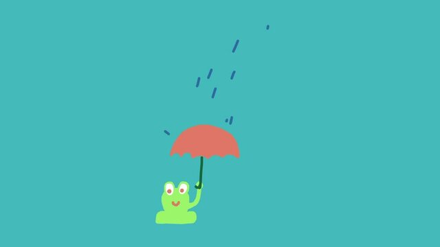 Happy frog mascot under umbrella in rain. Funny cartoon stop motion graphics animation in children style.