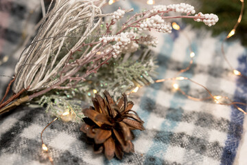 christmas morning holiday concept. Flat lay. winter decor marshmalloy, light garlands and cinnamon, cones
