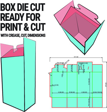 Box Die Cut Cube Template with 3D Preview organised with cut, crease, model and dimensions ready to cut and print, Vector Draw Graphic Design dieline,