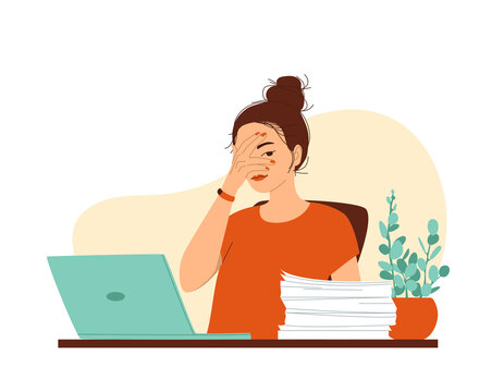 Young woman sits at a table with a laptop and a pile of documents. Hand covers the face. Concept of a very busy job, a lot of work, deadline, burnout, emotional exhaustion.Isolated vector illustration