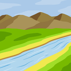 River. Natural landscape. Blue pond with water. Place for recreation and fishing. Summer landscape and green grass. Flat cartoon illustration. Mountains in the background