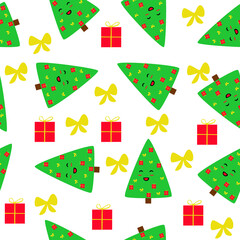 Seamless Christmas pattern of fir trees decorated with bows and gifts on a white background