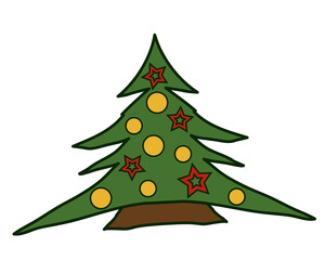 Green Christmas tree as a symbol of a Happy New Year. Decorated with red stars and gold, yellow balls. Merry Christmas holiday.