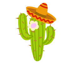 Cactus in a Mexican hat. A desert plant. Green succulent. Element of the southern tropical summer landscape. Flat cartoon illustration