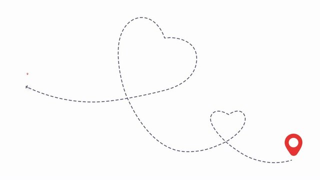 Double love airplane route animation. Romantic travel symbol, heart dashed line trace. Movement of simple hearted airplane path, flight air dotted love valentine day invitation video in HD format.