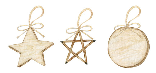 Winter Star Christmas New Year wooden decoration with bow set. Watercolor illustration Isolated on white background. Christmas tree eco friendly decor. Closeup.