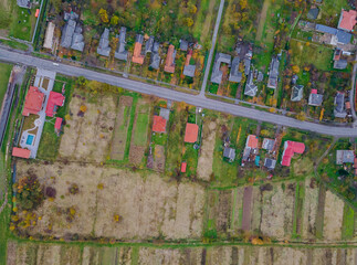 Aerial view of the European beautiful village with fields