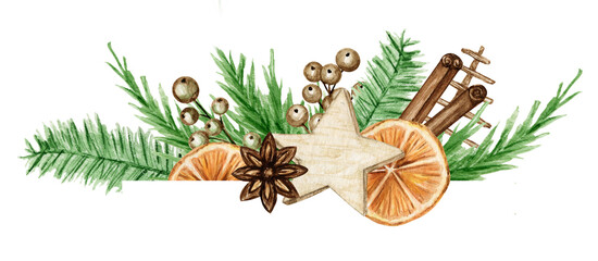 Christmas Boho bouquets with pine branches, Cinnamon stick, star anise, Orange. Watercolor Vintage composition isolated illustration. For the design of Christmas, New Year cards and invitations