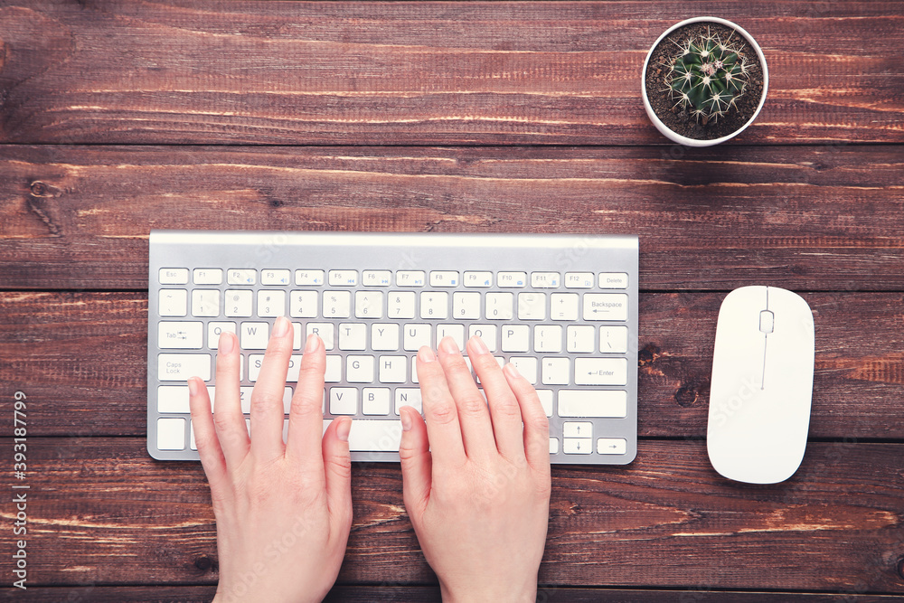 Fototapete female hands typing on computer keyboard with mouse and cactus