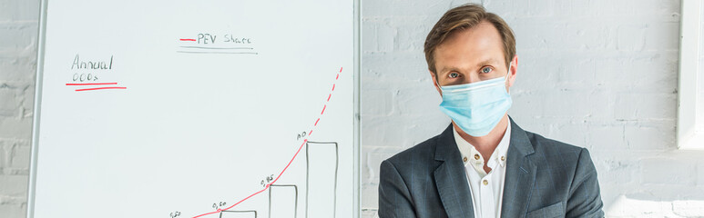 Businessman in medical mask looking at camera, while standing near flipchart with graph, banner