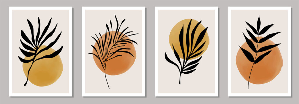 Set of minimalist botanical posters with branch leaves abstract collage