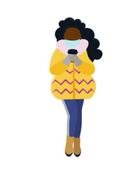 African woman wearing protection mask and drinking coffee. Winter vector illustration.