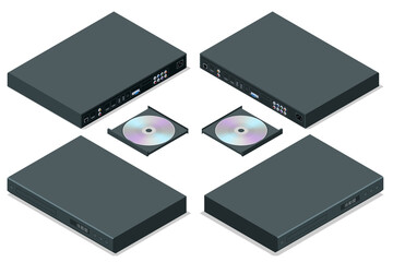 Isometric Blue-ray player with a disk, isolated. DVD player ejecting disc with remote control isolated on white background