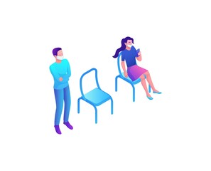 Social distance concept, Covid-19 virus prevention, People in face in public space during Coronavirus outbreak, registry or reception room, prevent virus contamination, 3d isometric illustration