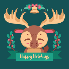 Christmas illustration with a cute moose and festive banner