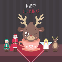 Christmas scene with a cute reindeer and wooden dolls