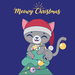 Christmas illustration with a cute mischievous cat on top of a tree