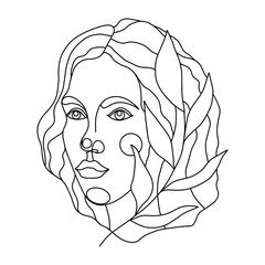 Trendy woman face in line with a branch of leaves. Vector fashion illustration. Elegant female portrait for natural cosmetics logo, social media history, poster decoration and design