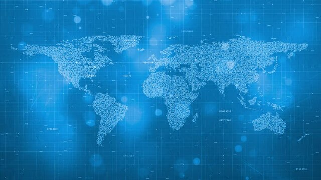 Digital computer data on blue background with world map animation.