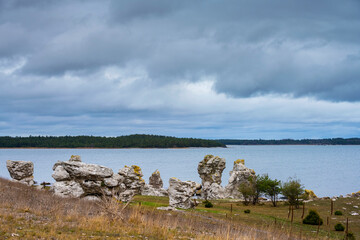 Fototapeta na wymiar Coastal limestone stacks with ocean background, 