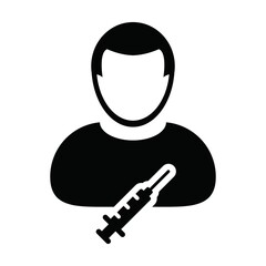 Vaccine icon vector with syringe male user person profile avatar symbol for medical and healthcare in a glyph pictogram illustration