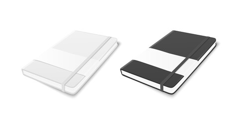 Vector 3d Realistic White and Black Closed Blank Paper Notebook with Elastic Band and Label Set Isolated on White Background. Design Template, Copybook, Mockup, Advertise, Logo Print. Top Isometric