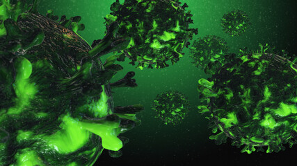 Simulación vista de Covid-19 al microscopio en un fluido verde