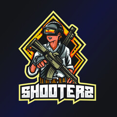 Shooterz Esports Logo. Soldier Logo. Esport Team Logo. Streamer Gaming Logo. Gaming Creator House Illustrator. Streamer Emblem. Soldier Illustrator. Game Content Symbol.