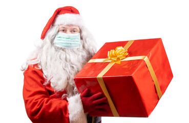 Santa Claus with face mask holding a christmas gift, isolated on white background.
