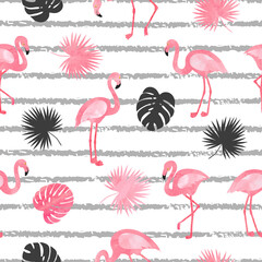 Seamless watercolor flamingo bird pattern. Vector tropical background with flamingos and leaves.