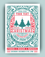 Retro Christmas party poster. Holidays flyer design. Vector illustration.