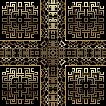 Luxury gold seamless pattern. Greek ornamental vector background. Repeat geometric tribal ethnic style backdrop. Decorative abstract lines ornament. Tartan design for print, wallpapers, fabric