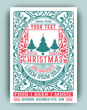 Retro Christmas party poster. Holidays flyer design. Vector illustration.