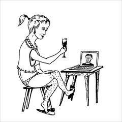 Online dating on the Internet, a girl with wine sits at a laptop. Vector drawing
