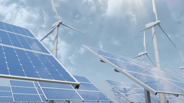 Solar panels and Wind turbines on the background of the desert, blue sky. Concept of clean energy, green energy, renewable energy, alternative energy. Photovoltaic panel. Loop seamless 4K 3D animation