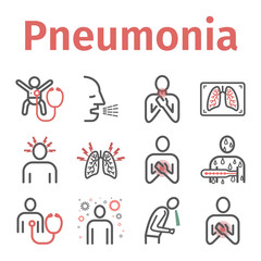Pneumonia. Symptoms, Treatment. Line icons set. Vector infographics.
