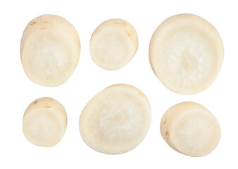 sliced daikon radish path isolated on white