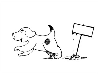 Cheerful puppy with a black spot wrote on the plate. Vector illustration.