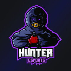Hunter Esports Logo. Assassins's Logo. Esport Team Logo. Streamer Gaming Logo. Gaming Creator House Illustrator. Streamer Emblem. Killer Illustrator. Gaming Mascot. Game Content Symbol.