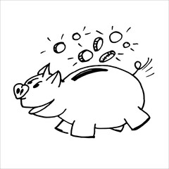 Pig piggy bank smiling coins falling into the slot. Vector drawing