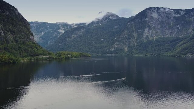 Drone view of Hallstatt See in Austria. Mountains in the background.