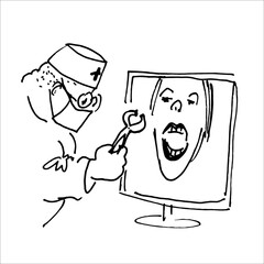 A male dentist is exploring the Internet via video link. Visit the dentist online using a computer. Vector drawing