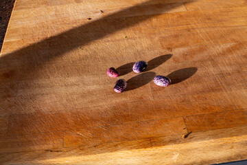 A few fresh heirloom scarlet runner beans on a light wooden cutting board