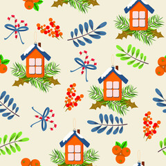 Cute orange houses on pine branches. Candy canes, oranges and berries. Vector seamless pattern.
