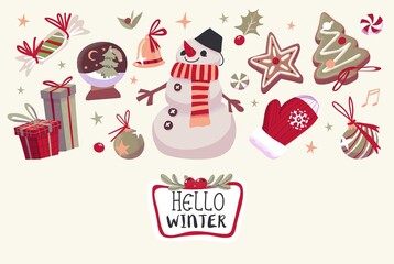 Christmas or New Year Card With Cute Christmas Characters And Objects.