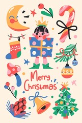 Christmas or New Year Card With Cute Christmas Characters And Objects.