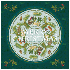 Christmas card with ornament of plants, frame coniferous branches, cones, twigs, leaves and berries