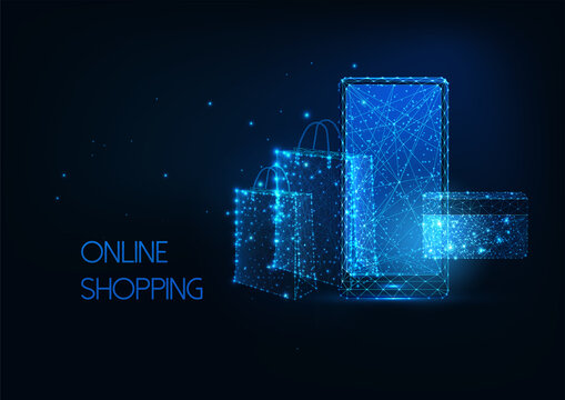 Futuristic online shopping, e-commerce concept with glow mobile phone, shopping bag and credit card